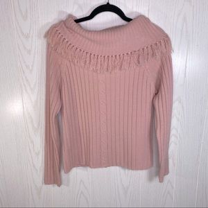 Norton McNaughton Ribbed Knit Fringe Sweater Pink Size Medium
